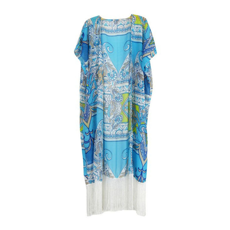 Ladies luxurious beach towel with fringed finish and artistic pattern Ivyshape