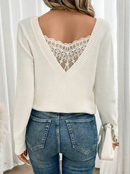 Ladies elegant knit pullover with lace back Ivyshape