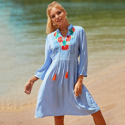 Women Summer Cotton Dress with Colorful Embroidery Design Ivyshape