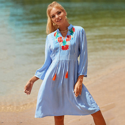 Women Summer Cotton Dress with Colorful Embroidery Design Ivyshape