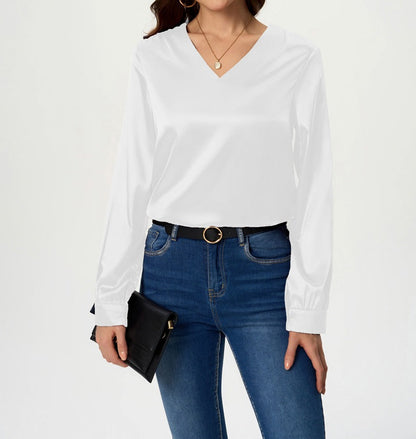 Ladies elegant V-neck satin top with long sleeves Ivyshape