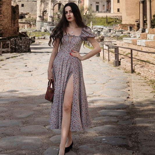 Ladies Flower Puff Sleeve Midi Dress Ivyshape