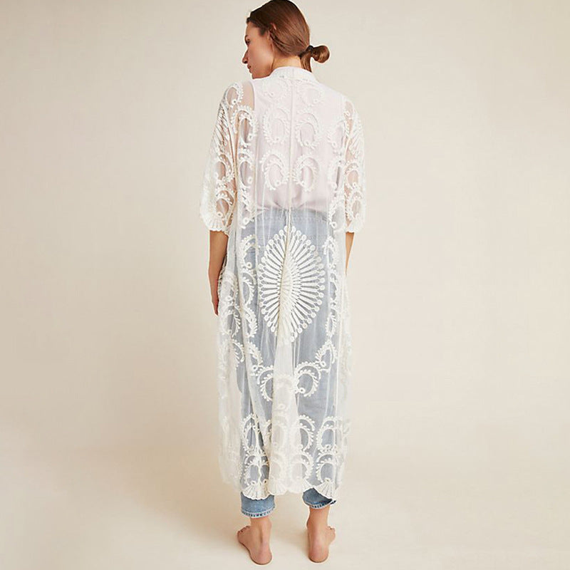 Women's elegant transparent beach coat with elaborate lace embellishment Ivyshape