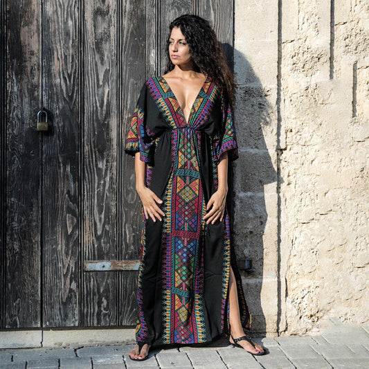 Women Boho-Style Maxi Dress with Colorful Embroidery Ivyshape