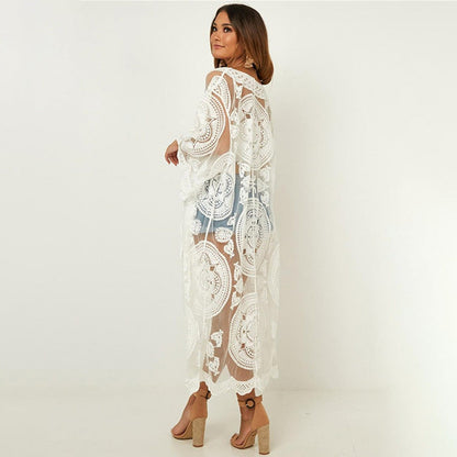 Women's crochet kimono made of fine lace with voluminous sleeves Ivyshape