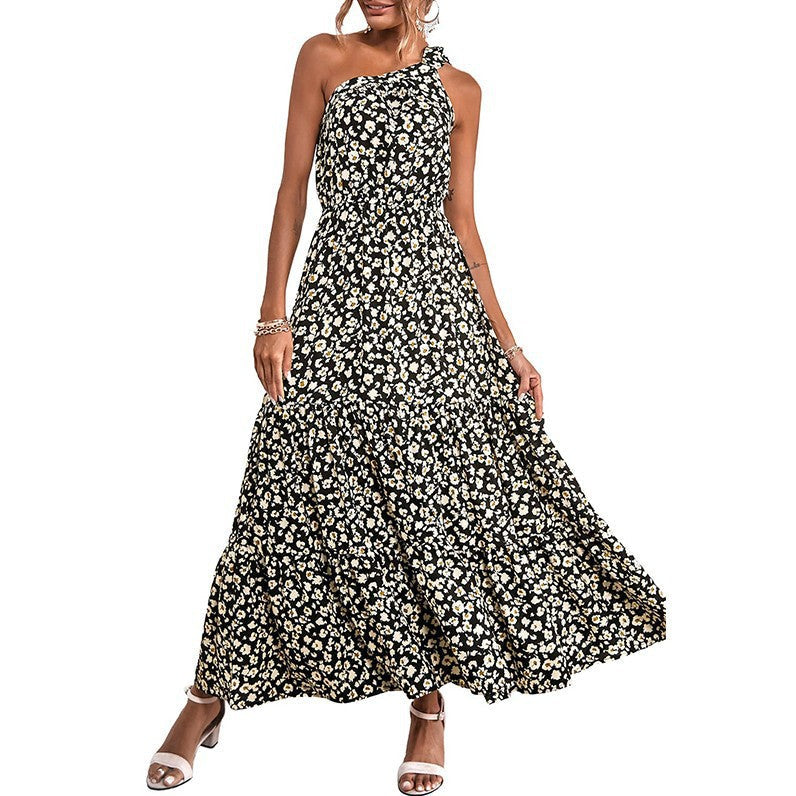 Women's maxi dress with asymmetric neckline and floral print Ivyshape