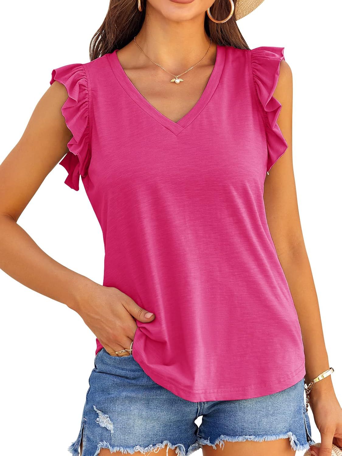 Women V-neck Ruffle Sleeve Top Ivyshape