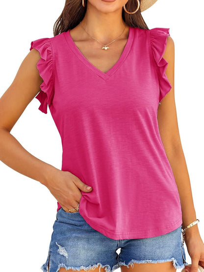Women V-neck Ruffle Sleeve Top Ivyshape