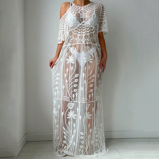 Women's transparent crochet beach cover-up with floral patterns Ivyshape