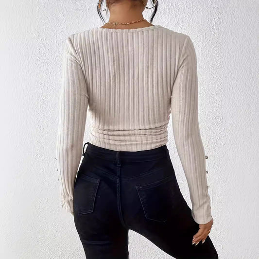 Women’s long sleeve shirt with ribbed texture and stylish button details Ivyshape