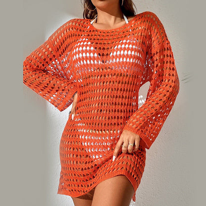 Ladies Crochet Beach Tunic with Transparent Design and Long Sleeve Ivyshape