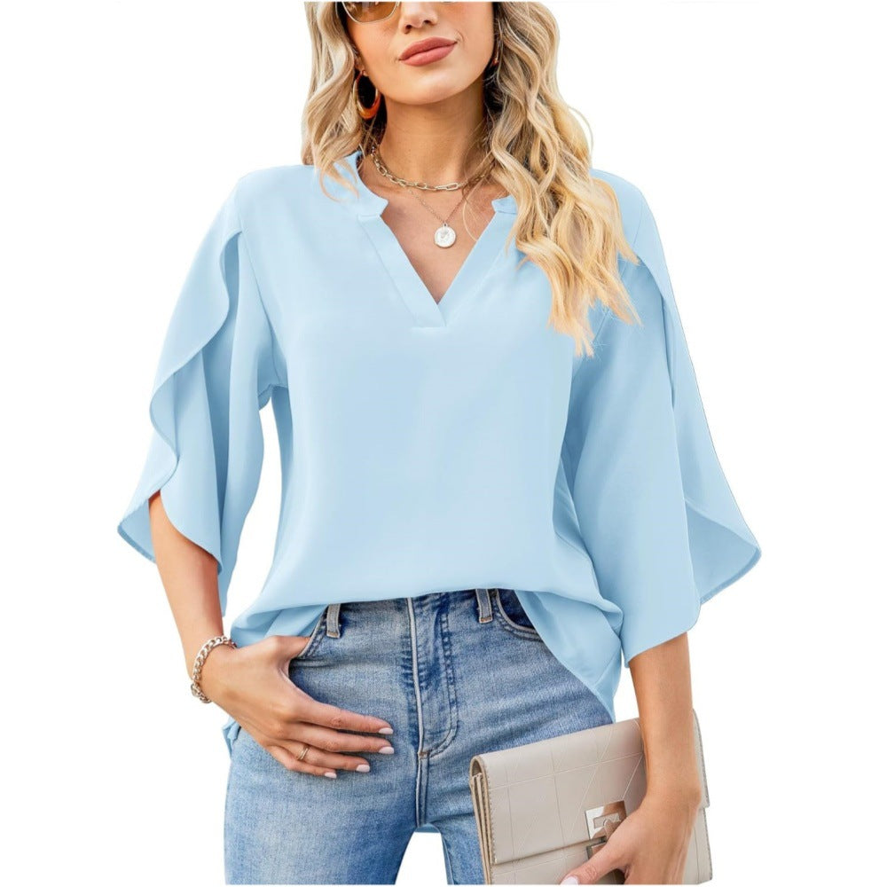 Women's Elegant Blouse with Asymmetric Sleeve and V-Neck Ivyshape
