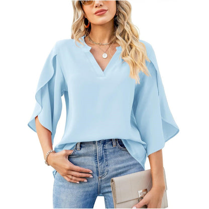 Women's Elegant Blouse with Asymmetric Sleeve and V-Neck Ivyshape