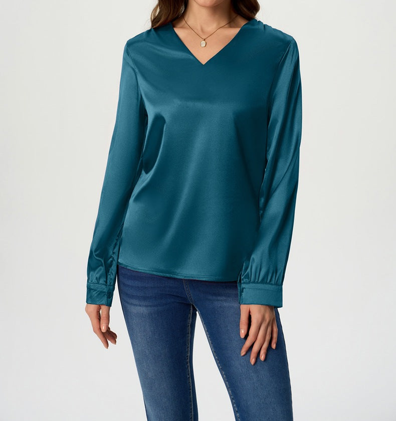 Ladies elegant V-neck satin top with long sleeves Ivyshape