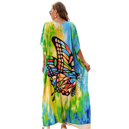 Women's Beach Dress with Colorful Butterfly Motif and Loose Sleeves Ivyshape