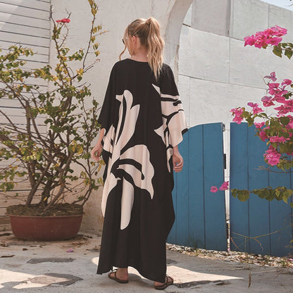 Women’s Maxi Kaftan with Floral Design and V-Neck Ivyshape