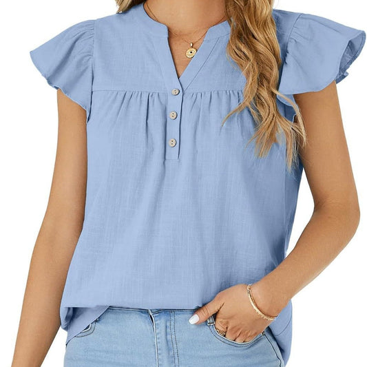 Women Lightweight Button-Front Flutter Sleeve Top Ivyshape