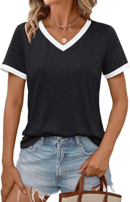 Women Casual V-Neck T-Shirt with Contrast Trim Ivyshape