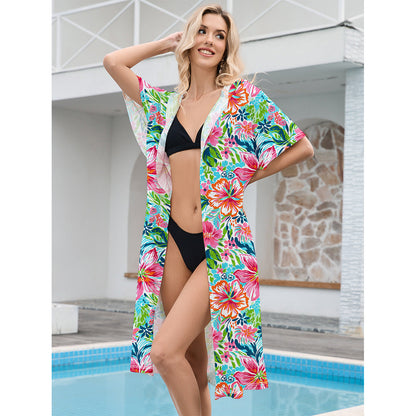 Ladies beach robe with hood and colorful floral pattern Ivyshape
