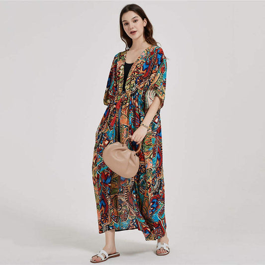 Women’s Long Kaftan Robe in Artistic Pattern Ivyshape