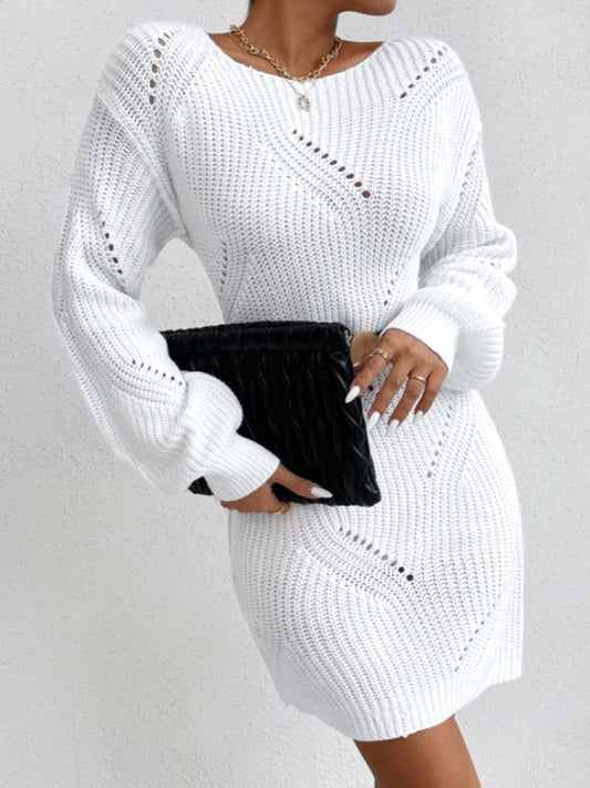 Women's knitted dress with stylish hole pattern and voluminous sleeves Ivyshape