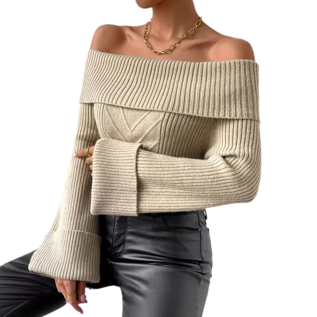 Women's Off-Shoulder Knit Sweater with Wide Hem and Ribbed Texture Ivyshape