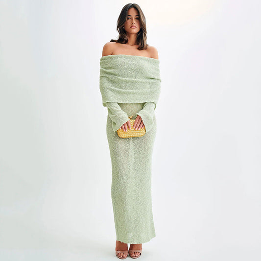 Ladies elegant maxi dress with off-the-shoulder top and fine knit pattern Ivyshape