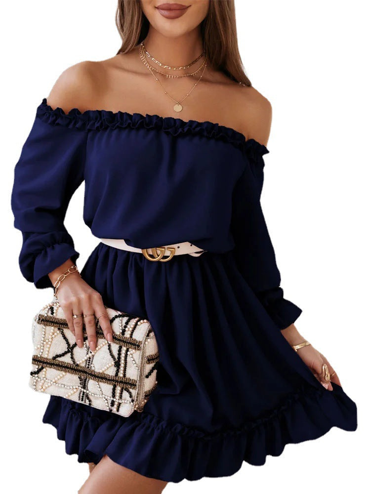Women's Off-Shoulder Dress with Ruffle Details and Elastic Waist Ivyshape