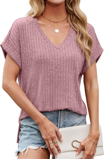 Women's Casual V-Neck T-Shirt with Textured Fabric Ivyshape