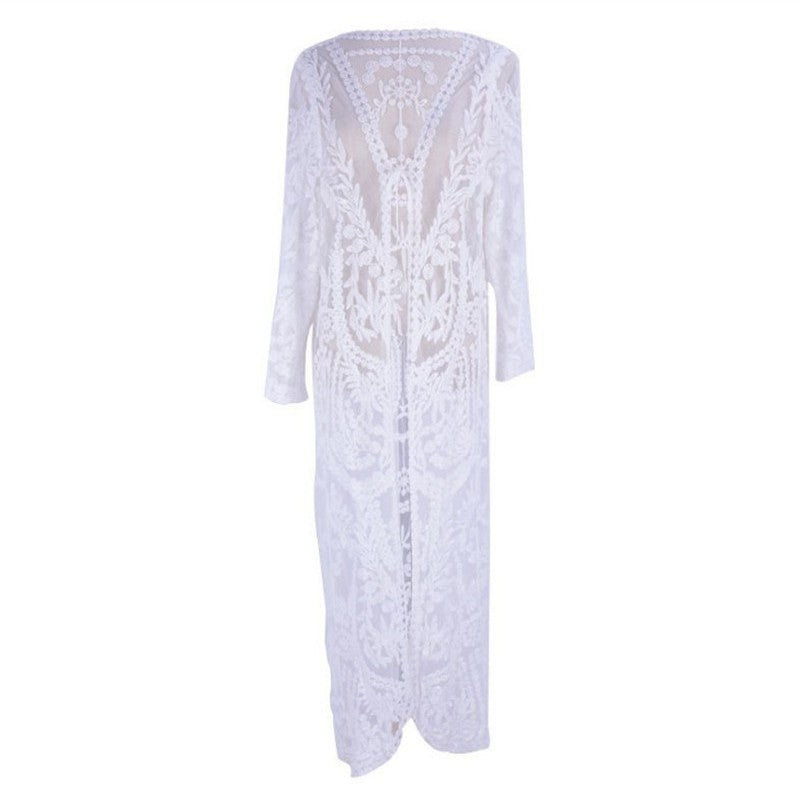 Women's long lace kimono with floral patterns and side hem Ivyshape