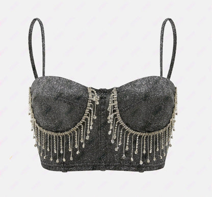 Women's Sparkling Off-Shoulder Crop Top with Bead Embellishments Ivyshape