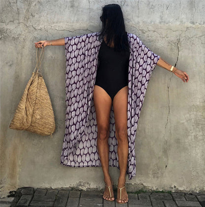 Women's Beach Kimono with Airy Cut and Festive Leaf Design Ivyshape