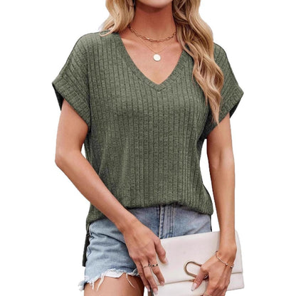 Women's Casual V-Neck T-Shirt with Textured Fabric Ivyshape