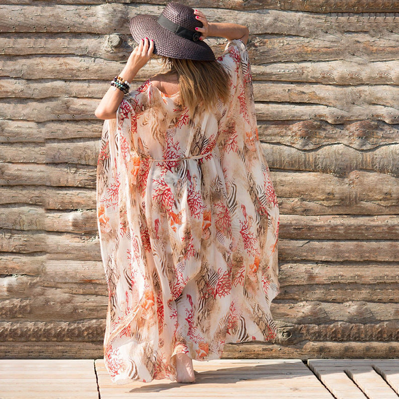 Women's airy beach kaftan with floral design and tie belt Ivyshape