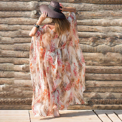 Women's airy beach kaftan with floral design and tie belt Ivyshape