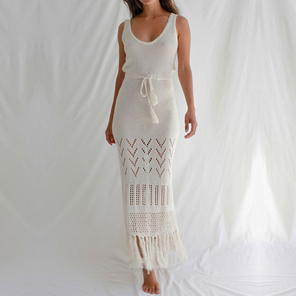 Ladies Longer Crochet Skirt with Fringed Hem and Adjustable Belt Ivyshape