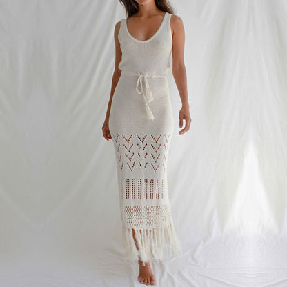 Ladies Longer Crochet Skirt with Fringed Hem and Adjustable Belt Ivyshape