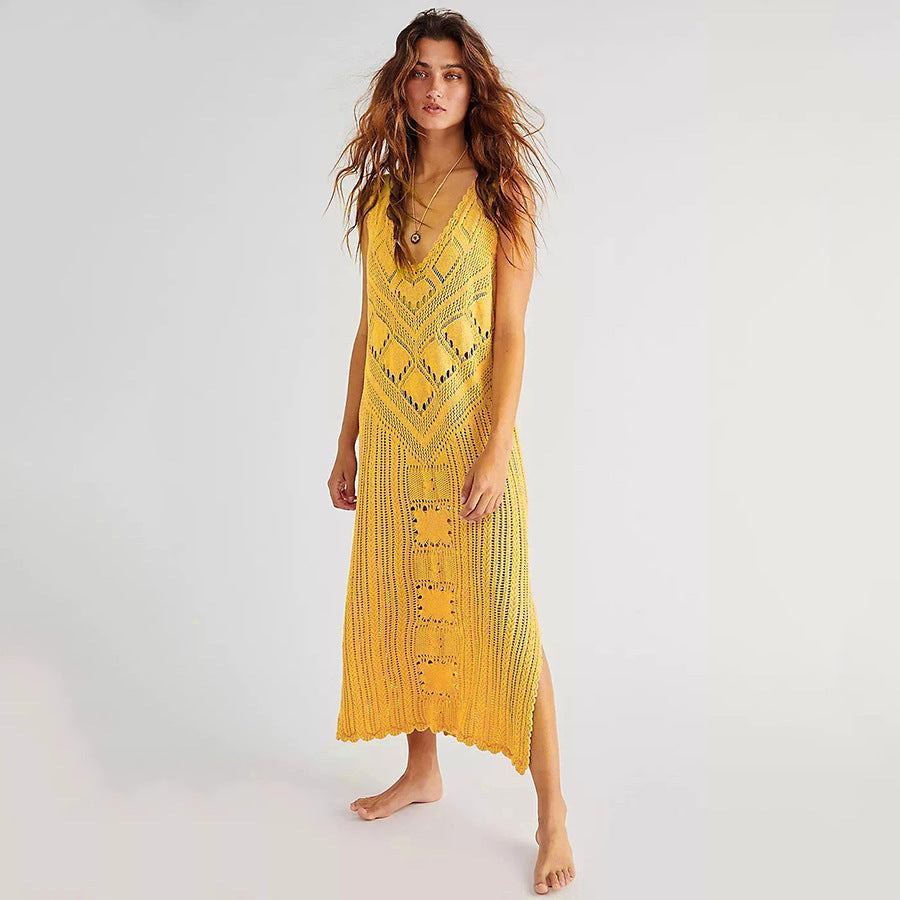 Women's airy crochet beach cover-up with deep V-neckline and decorative pattern Ivyshape