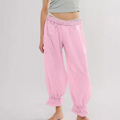 Women’s casual striped pants with elastic waistband and ruffle details Ivyshape