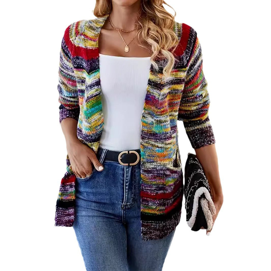 Ladies fashionable knitted cardigan with colorful stripe pattern and open fronts Ivyshape