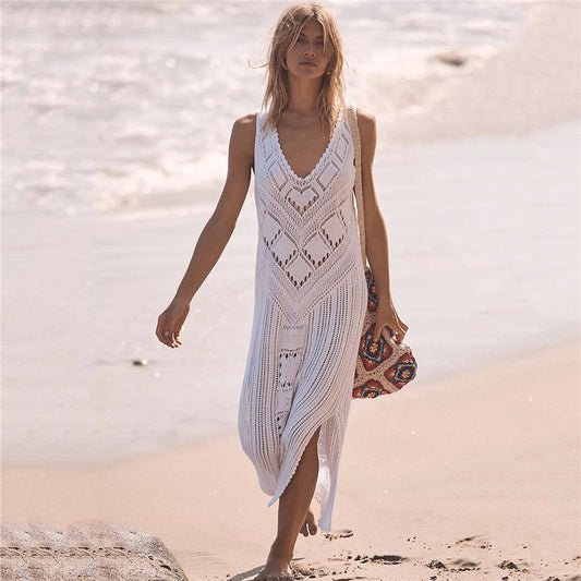 Women's airy crochet beach cover-up with deep V-neckline and decorative pattern Ivyshape