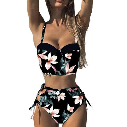 Women's High-neck Bikini Set with Adjustable Straps and Floral Cut Ivyshape