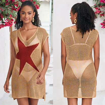 Ladies airy mesh beach dress with deep V-neckline and eye-catching star design Ivyshape