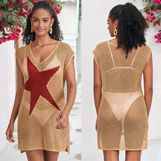 Ladies airy mesh beach dress with deep V-neckline and eye-catching star design Ivyshape