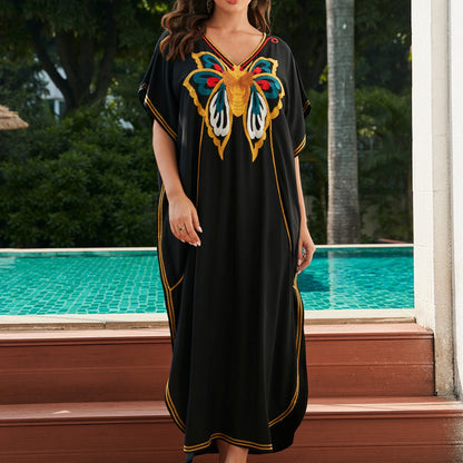 Women's spacious beach kaftan with intricate butterfly pattern and elegant accents Ivyshape