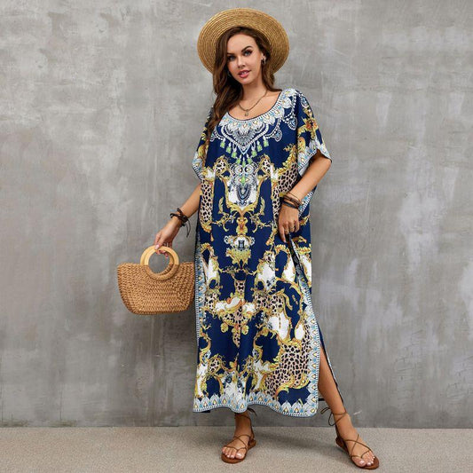 Ladies kaftan dress with majestic animal motif and side slits Ivyshape