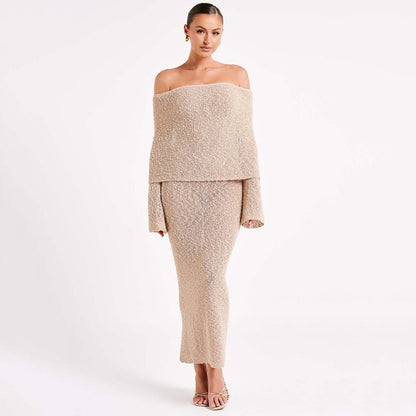 Ladies elegant maxi dress with off-the-shoulder top and fine knit pattern Ivyshape