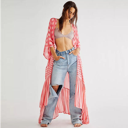 Women's airy beach cover-up with fringed hem and modern stripe details Ivyshape