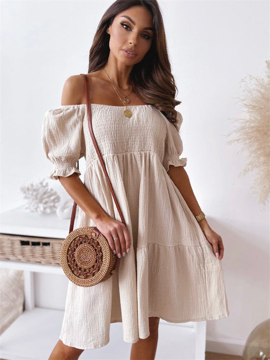 Women's Summer Off-Shoulder Dress with Ruffles and Deep Neckline Ivyshape