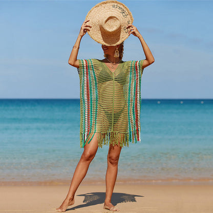 Women Airy Beach Tunic with Colorful Fringes and Mesh Design Ivyshape